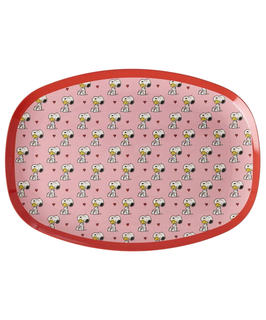 Pink rectangular serving plate with Snoopy character print and rounded edges