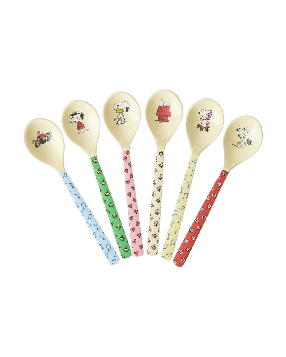 Melamine teaspoon set of 6 with Snoopy face on cream heads and colorful patterned handles