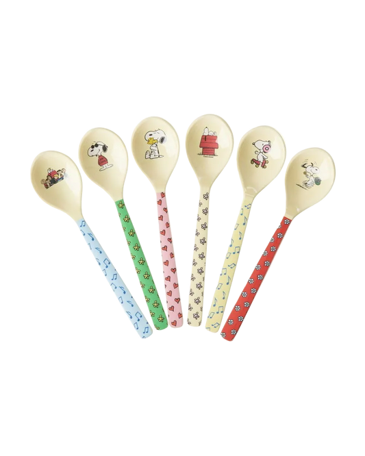 Melamine teaspoon set of 6 with Snoopy face on cream heads and colorful patterned handles