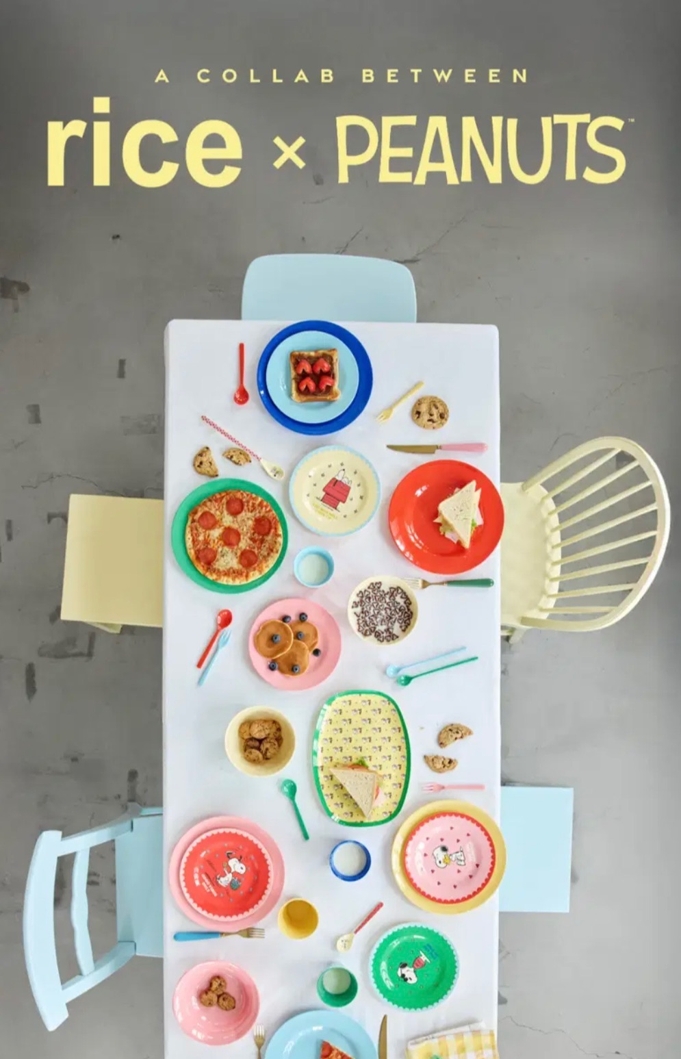 Colorful melamine tableware set with several Snoopy-themed teaspoons