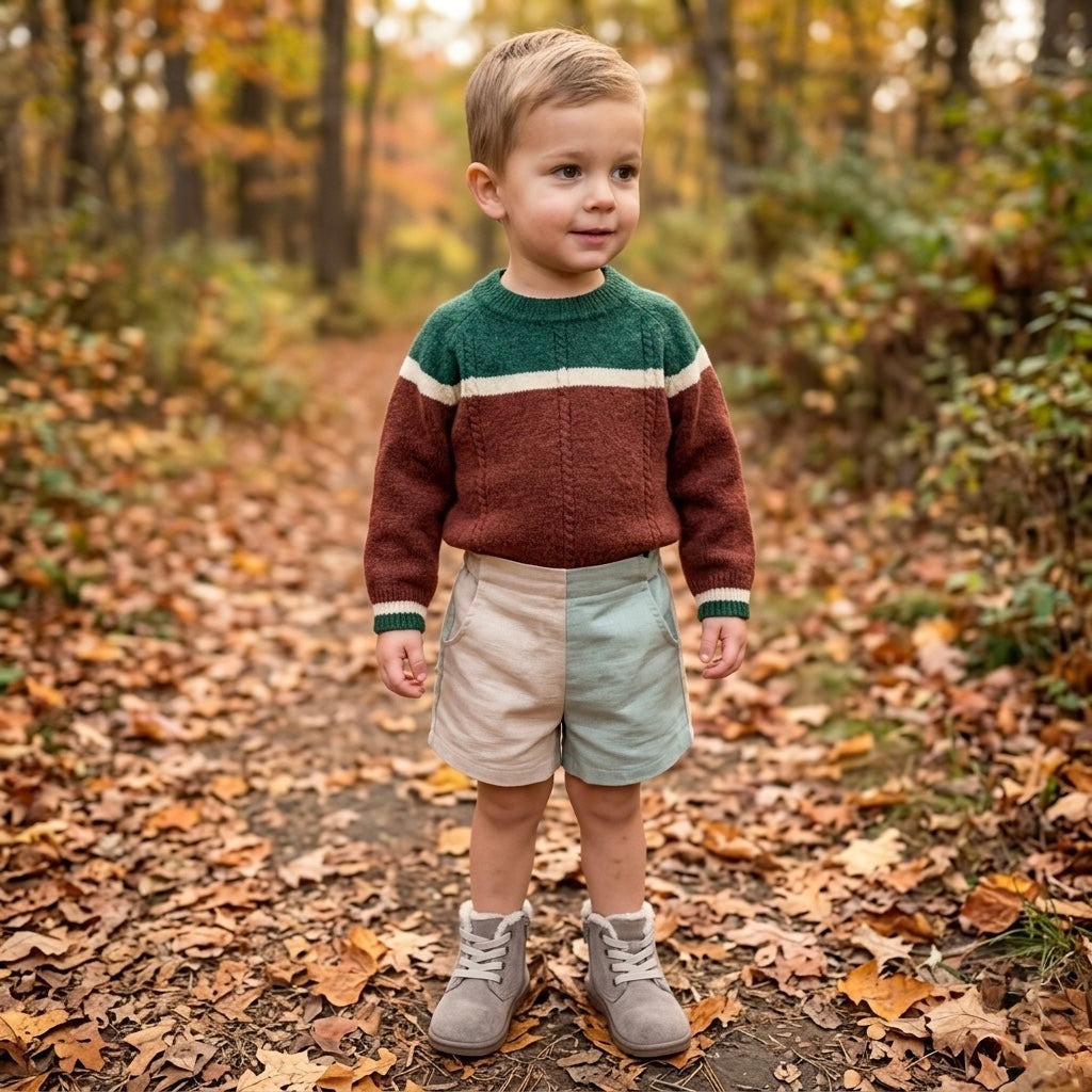 Kids merino wool sweater on child, brown knit with green collar and cream stripe