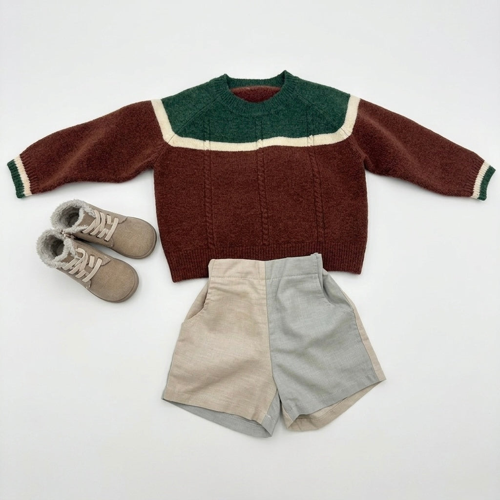 Kids merino wool sweater with shorts and shoes, brown knit with green and cream stripes
