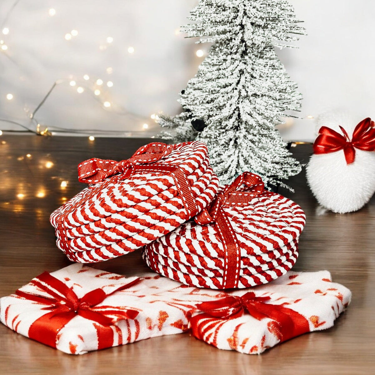 Red and white striped braided coasters tied with ribbon bows