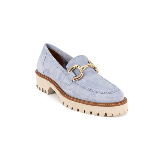 Light blue suede loafer shown at an angle, with gold chain hardware and a lug sole