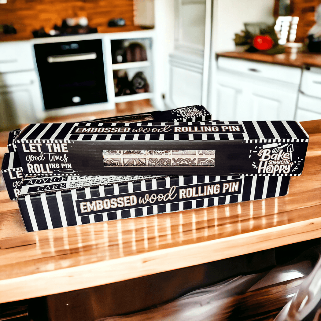 Striped rolling pin gift box with embossed wood text and “Bake Happy” side panel