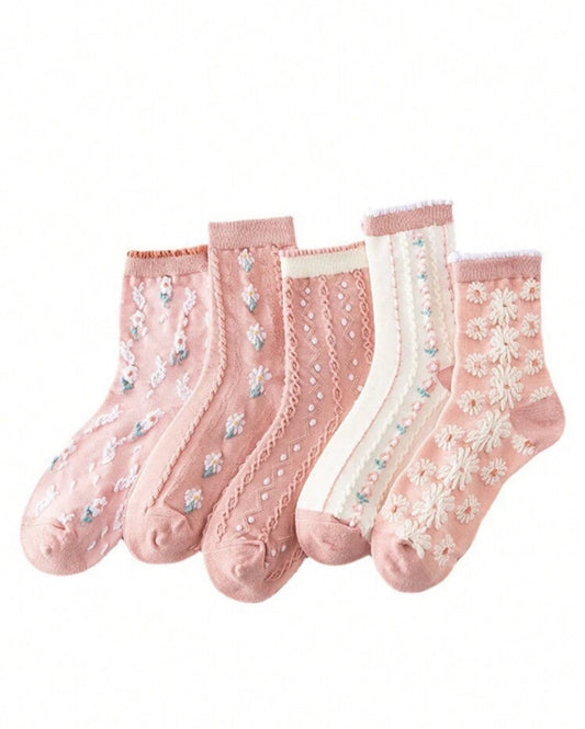 Women's 5-pair sock set, pastel pink ankle socks with floral and confetti prints
