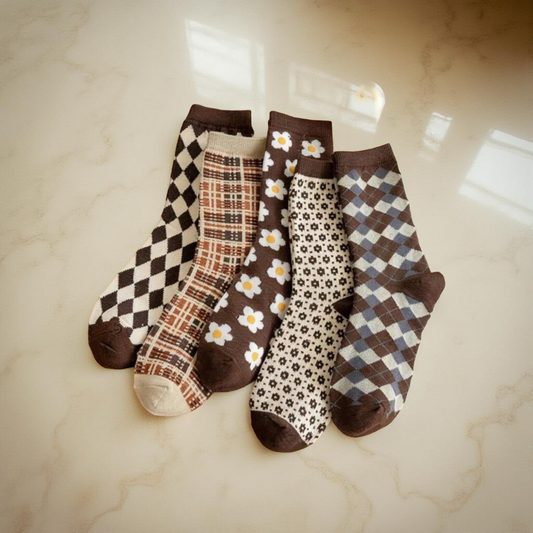 Women’s 5-pair crew socks with mixed prints: checks, plaid, florals