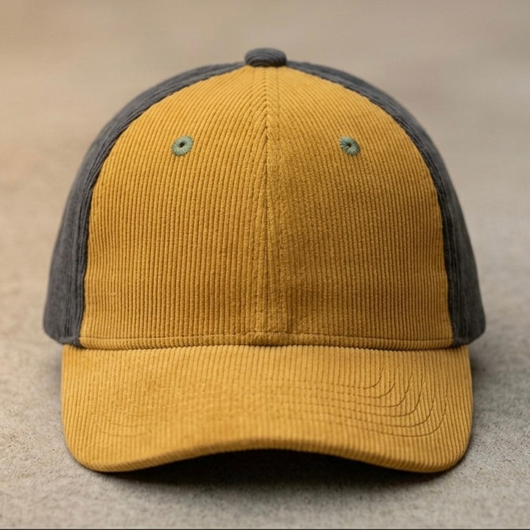 Retro baseball cap in yellow with dark gray side panels and stitched front