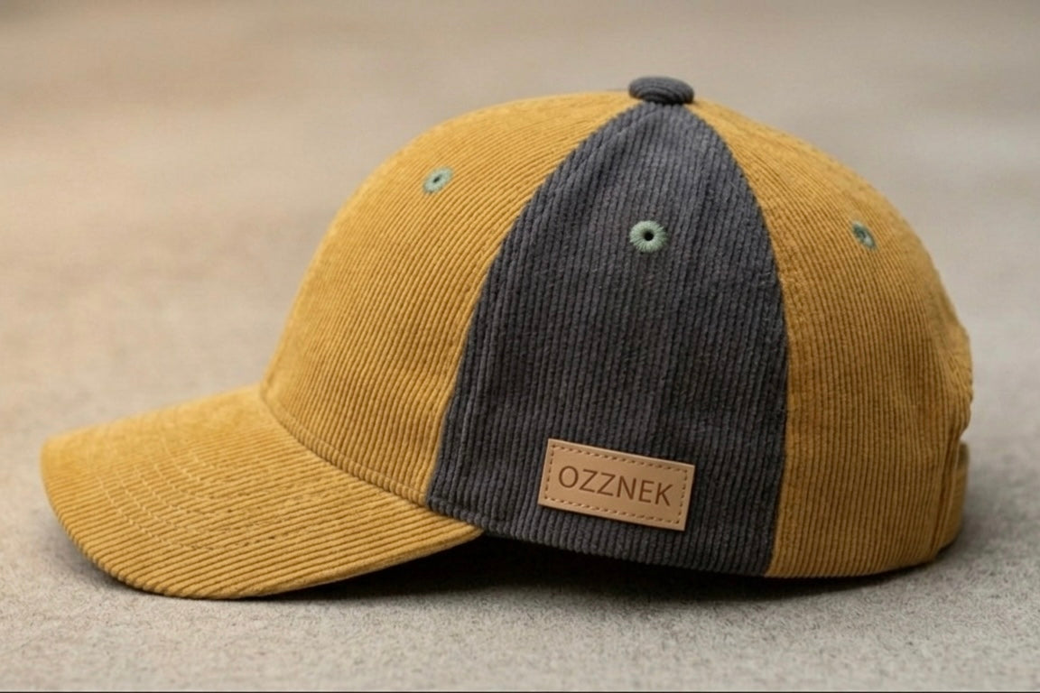 Retro baseball cap in yellow with dark gray panels and OZZNEK logo patch