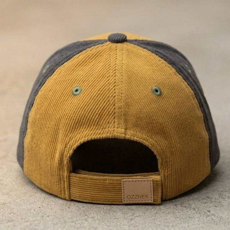 Retro baseball cap in yellow with dark gray trim and OZZNEK logo patch