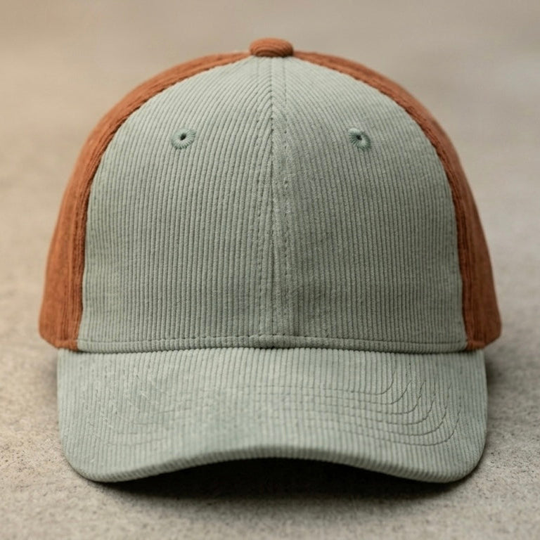 Retro baseball cap in sage green with rust-brown side panels