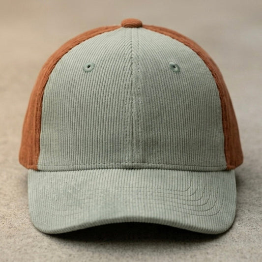 Retro baseball cap in sage green with rust-brown side panels