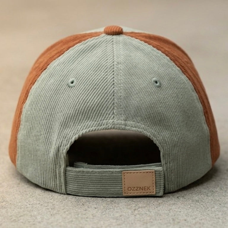 Retro baseball cap in sage green with rust-brown trim and OZZNEK logo patch