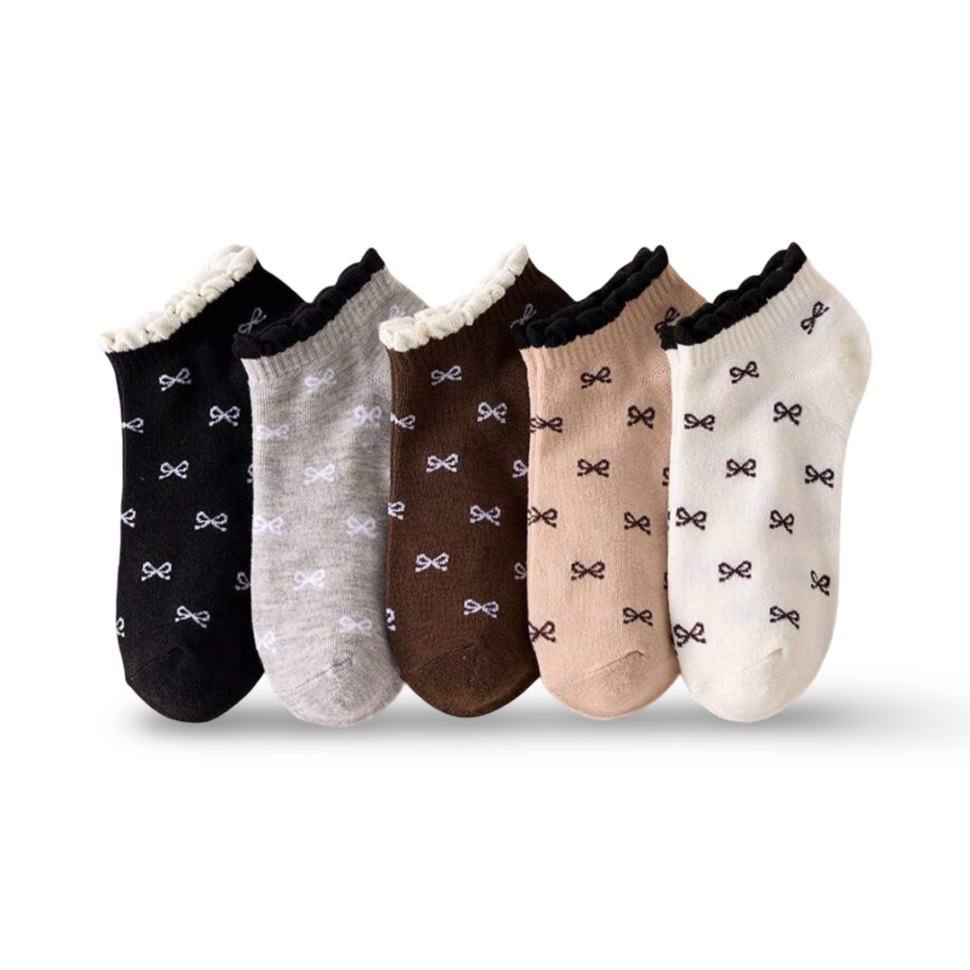 5-pack bow ankle socks, black, gray, brown, blush, and cream with small ribbon bows