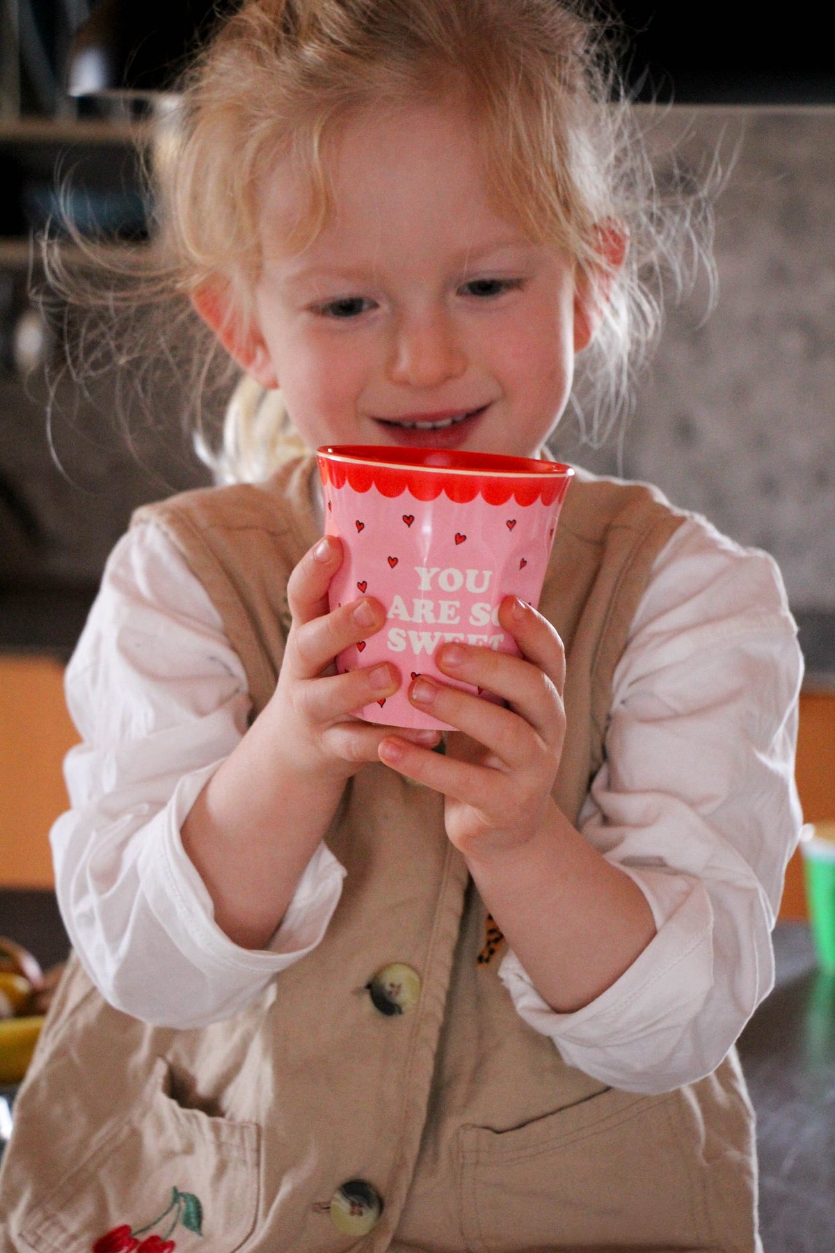 Pink Snoopy melamine cup with red rim, "You are so sweet" print