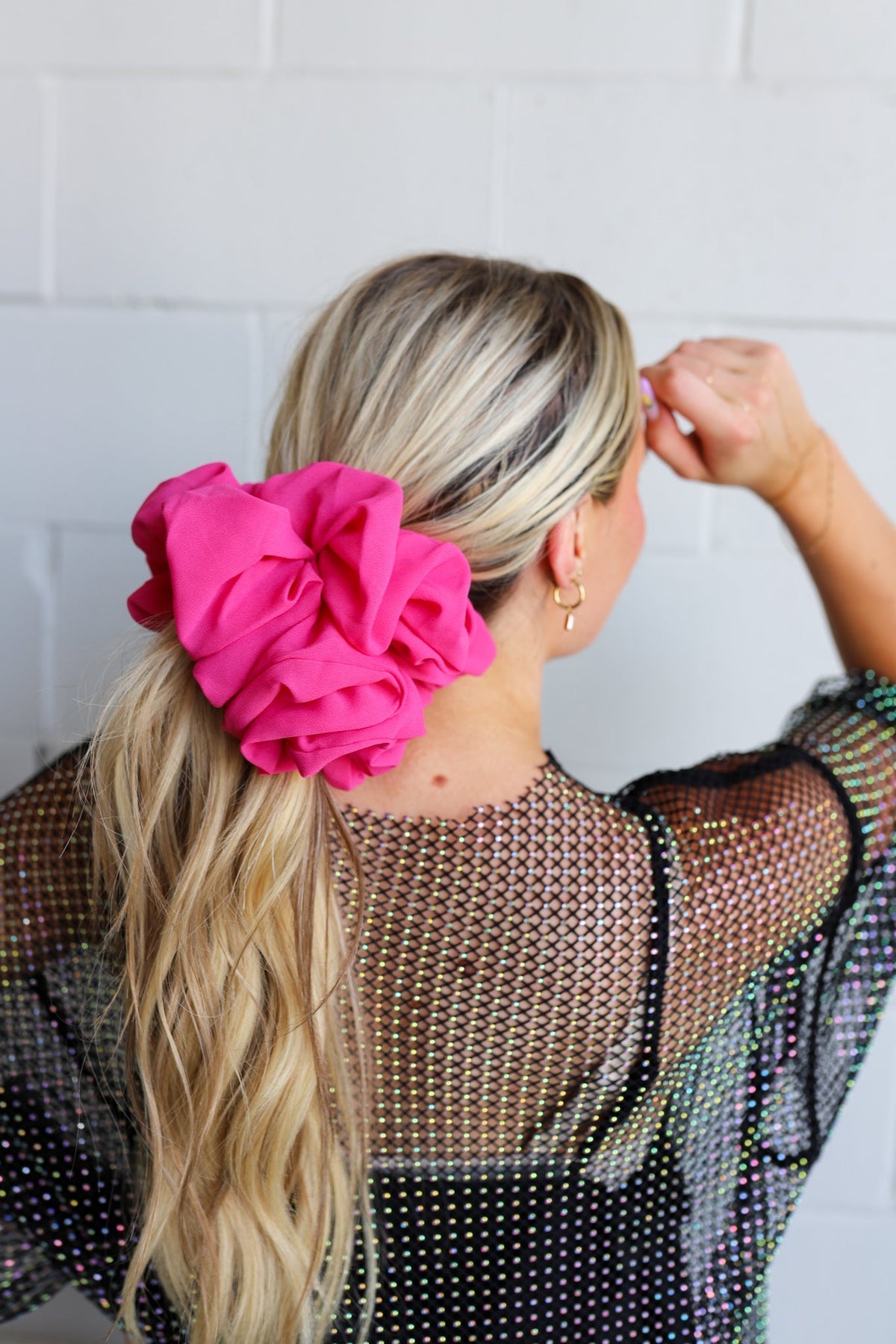 Jumbo scrunchie, hot pink ruffled scrunchie on ponytail