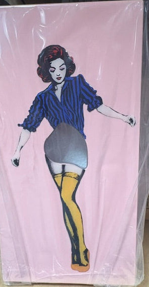 Pink illustrated tissue box cover with pin-up woman in blue striped top