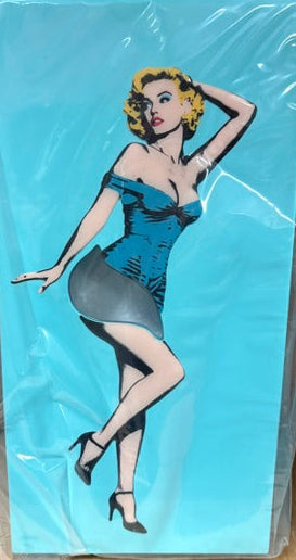 Blue illustrated tissue box cover with pin-up woman in black-and-gray dress