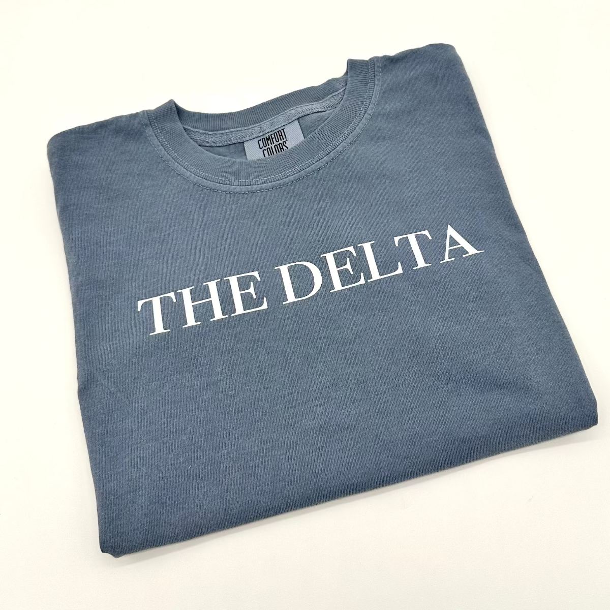 Washed denim youth T-shirt with 'THE DELTA' front graphic