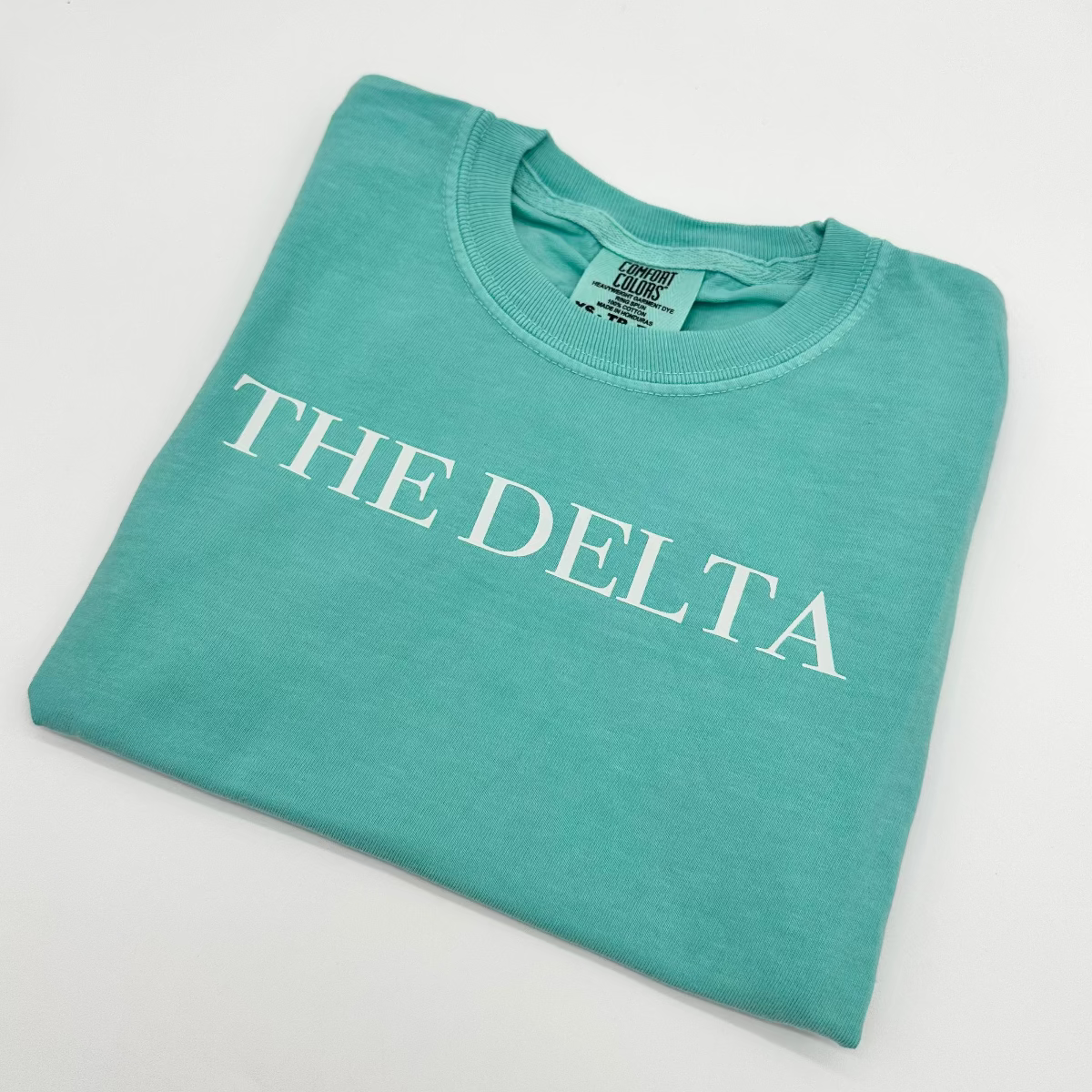 Teal youth T-shirt with 'THE DELTA' front graphic