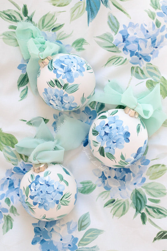 Hand-painted hydrangea ornament with pale mint ribbon and blue floral design