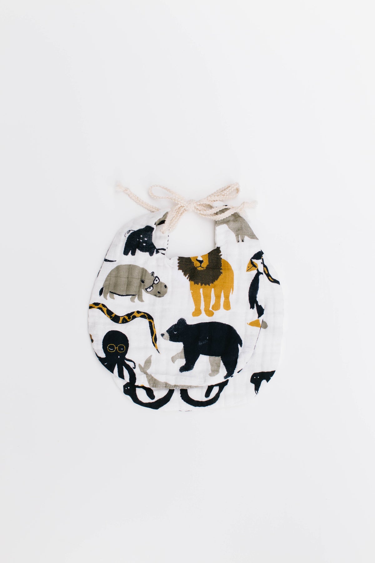 Animal-themed baby bib with zoo animals and science glasses print