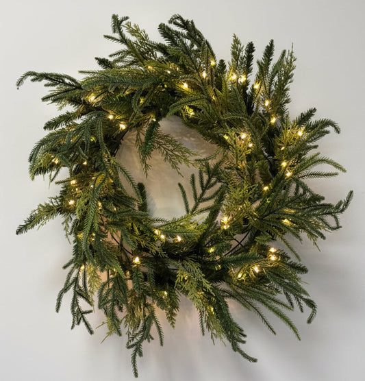 Mixed pine wreath with warm white lights, full round evergreen branches