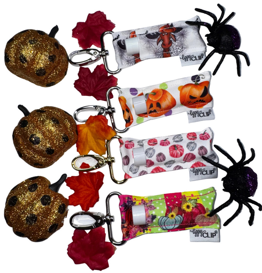Set of printed LippyClip® lip balm holders with metal carabiners and key rings