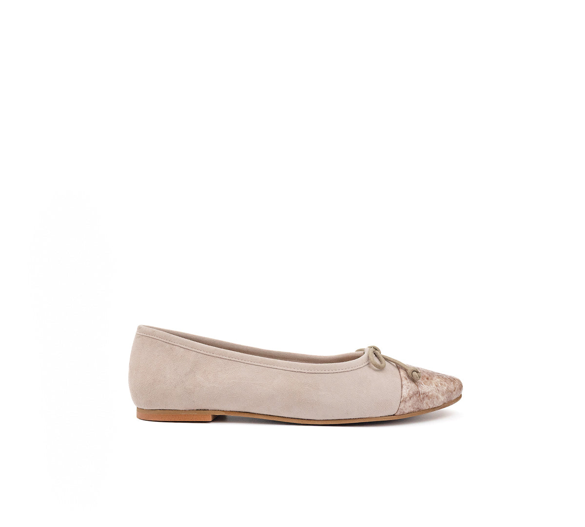 Side view of taupe suede ballet flat with a textured toe and bow