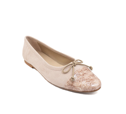 Taupe suede ballet flat with textured toe, bow detail, and low heel, angled view