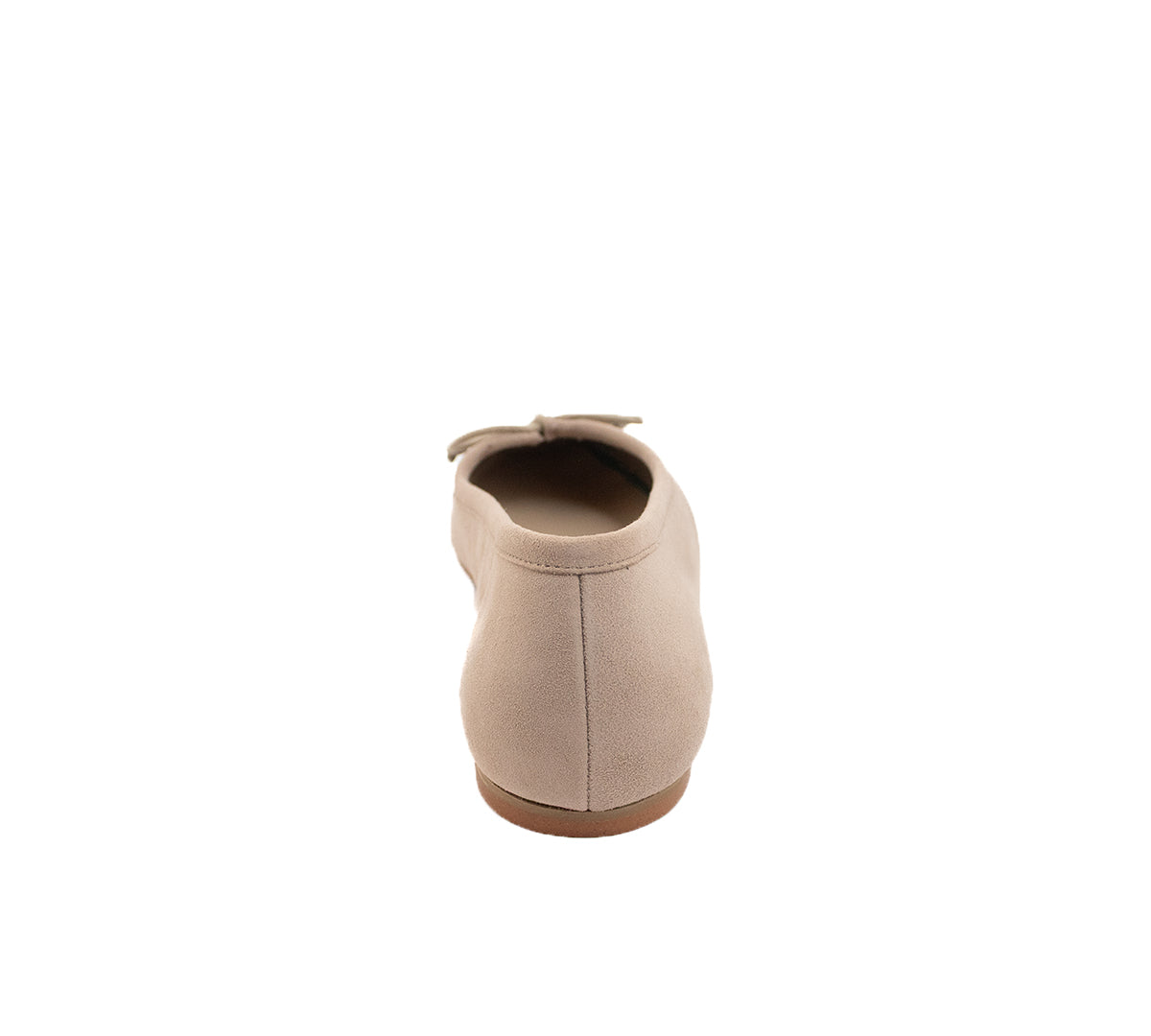 Back view of taupe suede ballet flat with a low brown sole