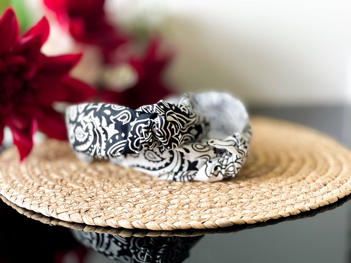 White and black paisley knot headband with gathered fabric detail