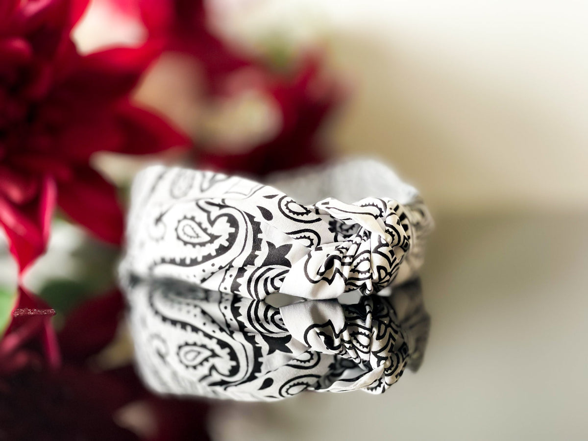 White and black paisley knot headband with knotted center