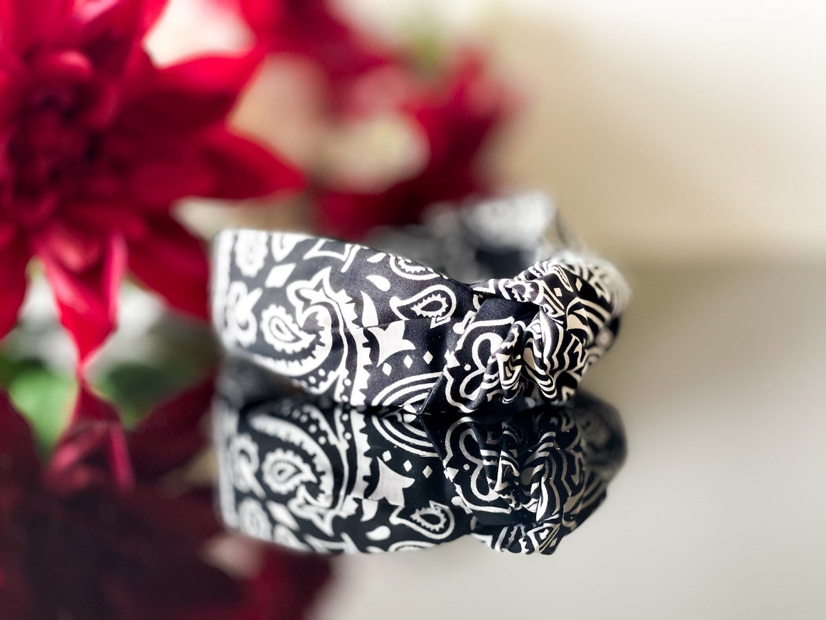 Black and white paisley knot headband with soft gathered knot