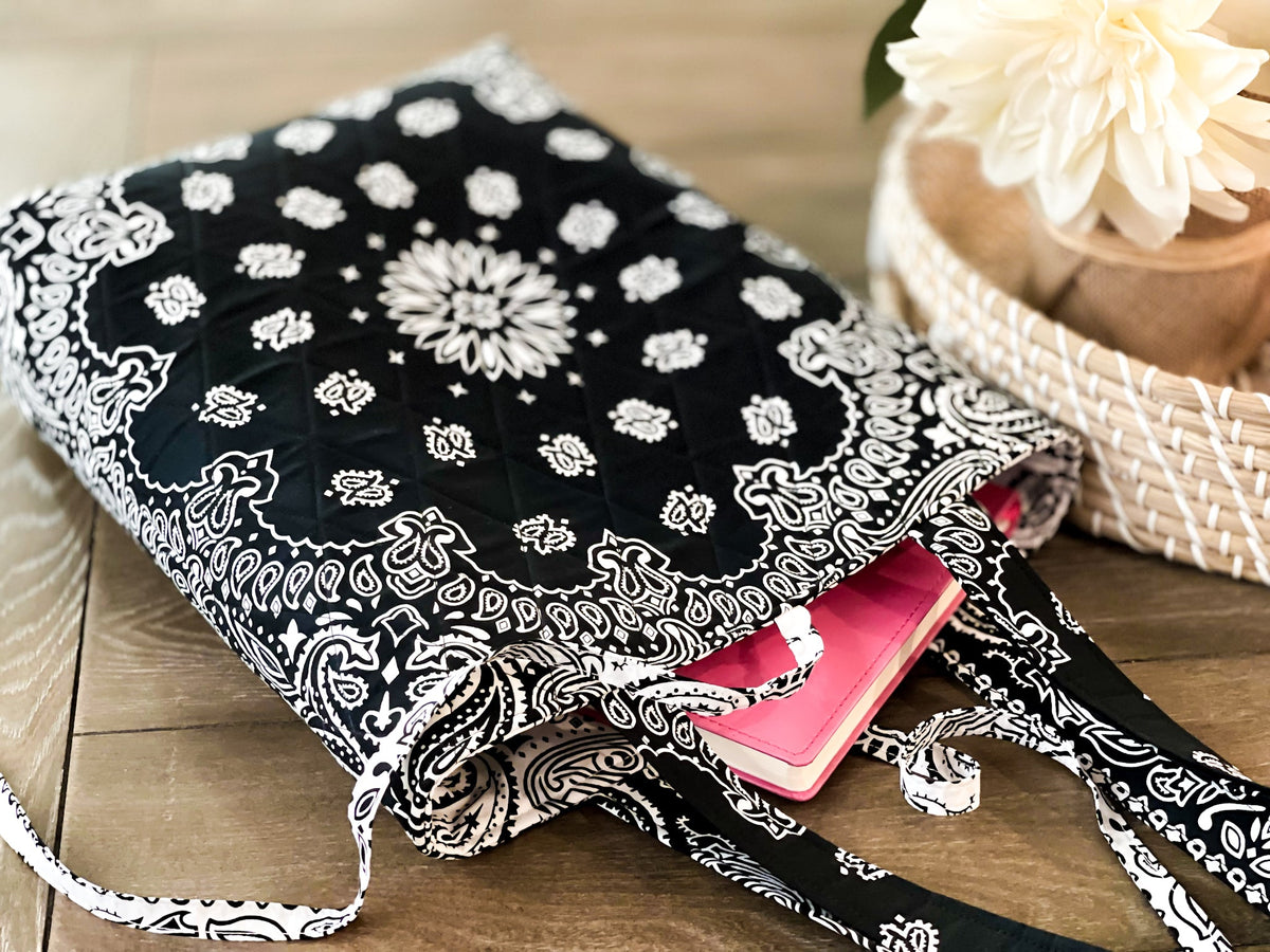 Medium tote bag with black and white bandana pattern, top handles and open interior