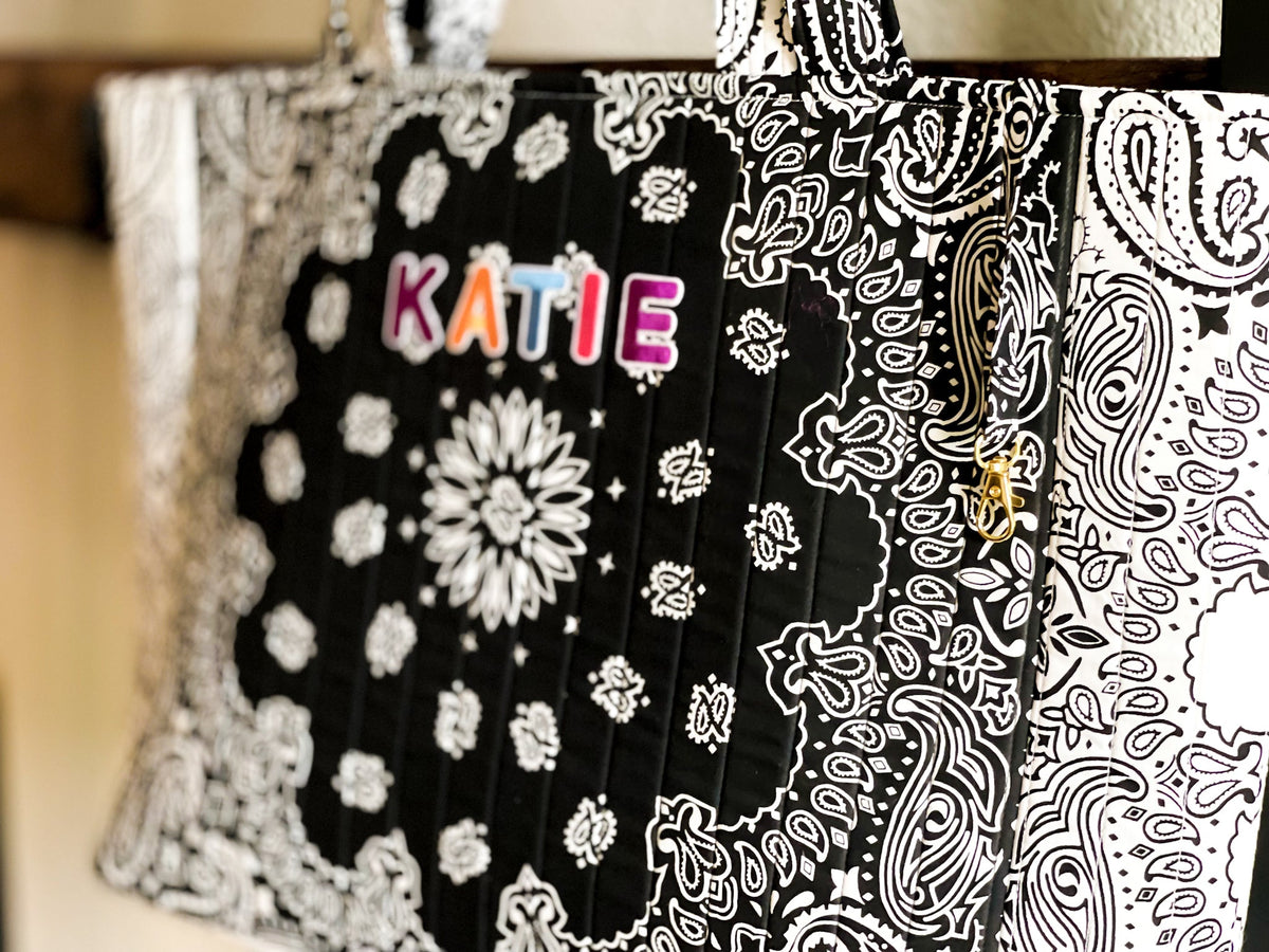 Quilted tote bag close-up, KATIE and black-and-white paisley print