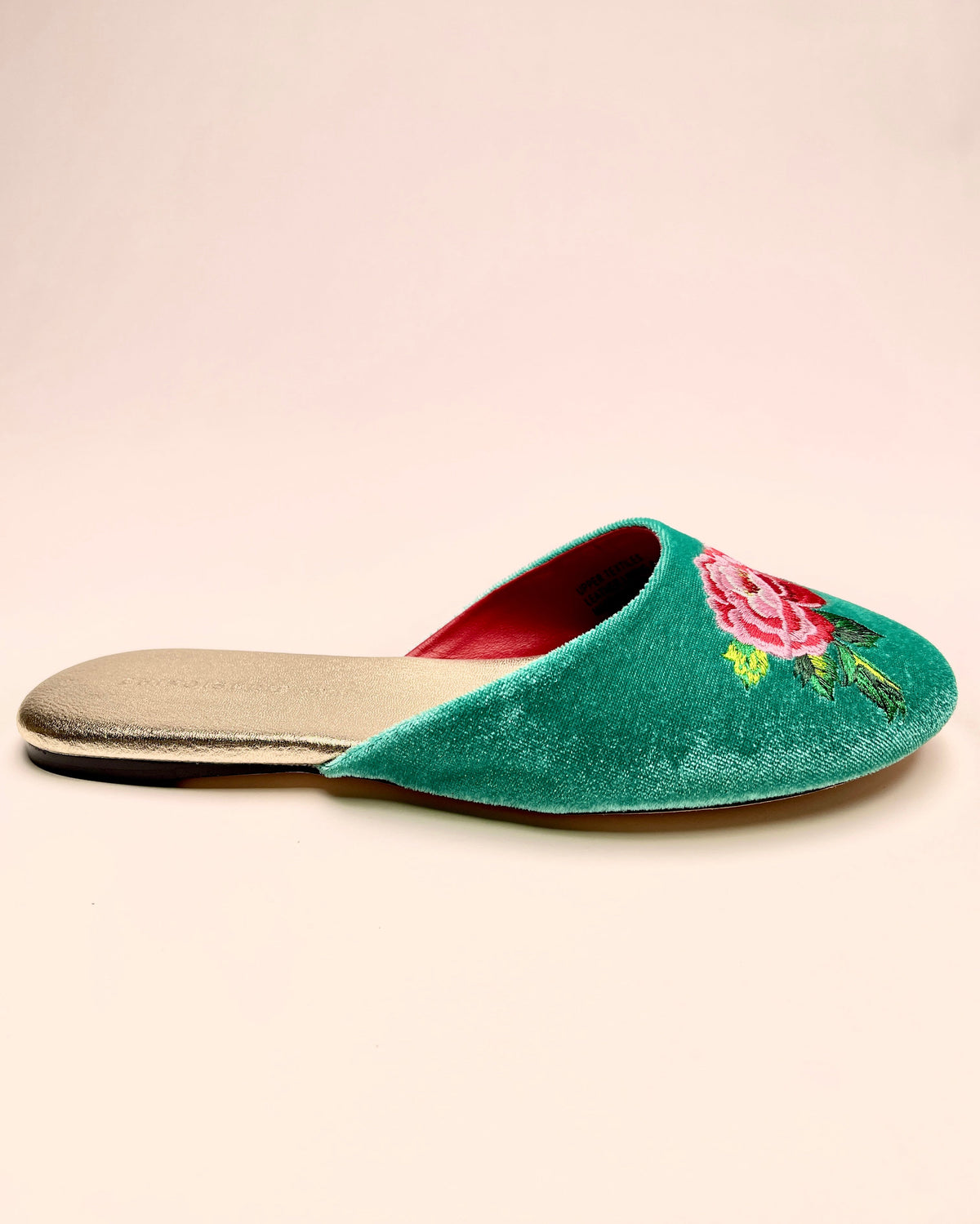 Jade green velvet mule slipper with peony embroidery, side profile with insole