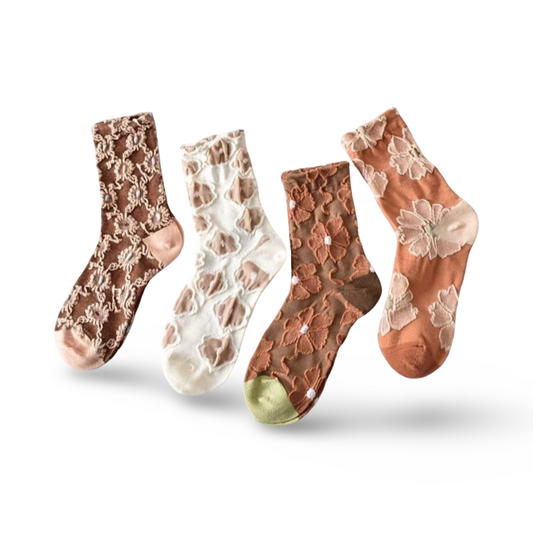 5-pack crew socks laid flat, lace embroidery in brown, white, rust, pink, green.
