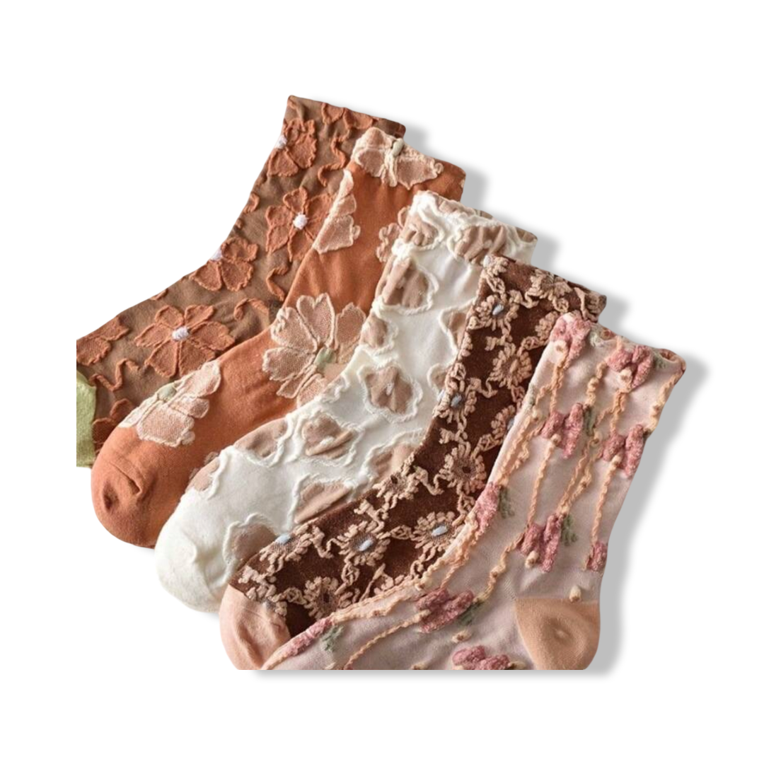 5-pack crew socks with lace embroidery, assorted brown, white, pink, green.