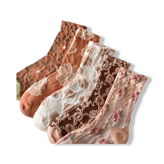 5-pack crew socks with lace embroidery, assorted brown, white, pink, green.