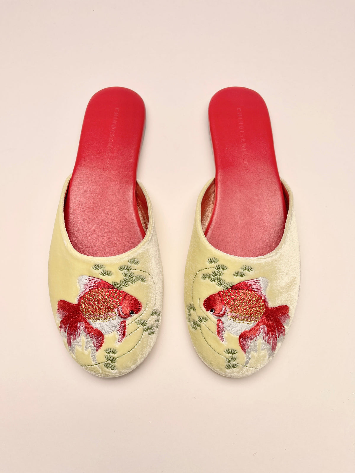 Lemon velvet mule slippers with red goldfish embroidery and red interior lining