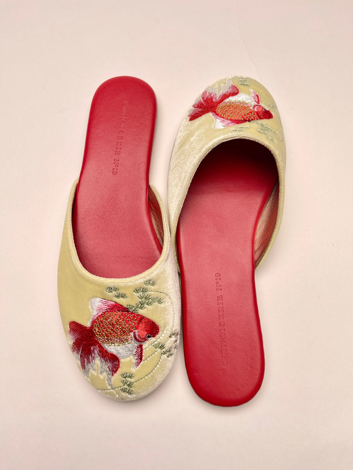 Lemon velvet mule slippers with red goldfish embroidery and red inner sole