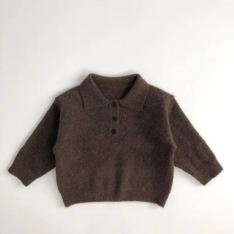 Dark brown toddler knit sweater with polo collar and 3-button placket