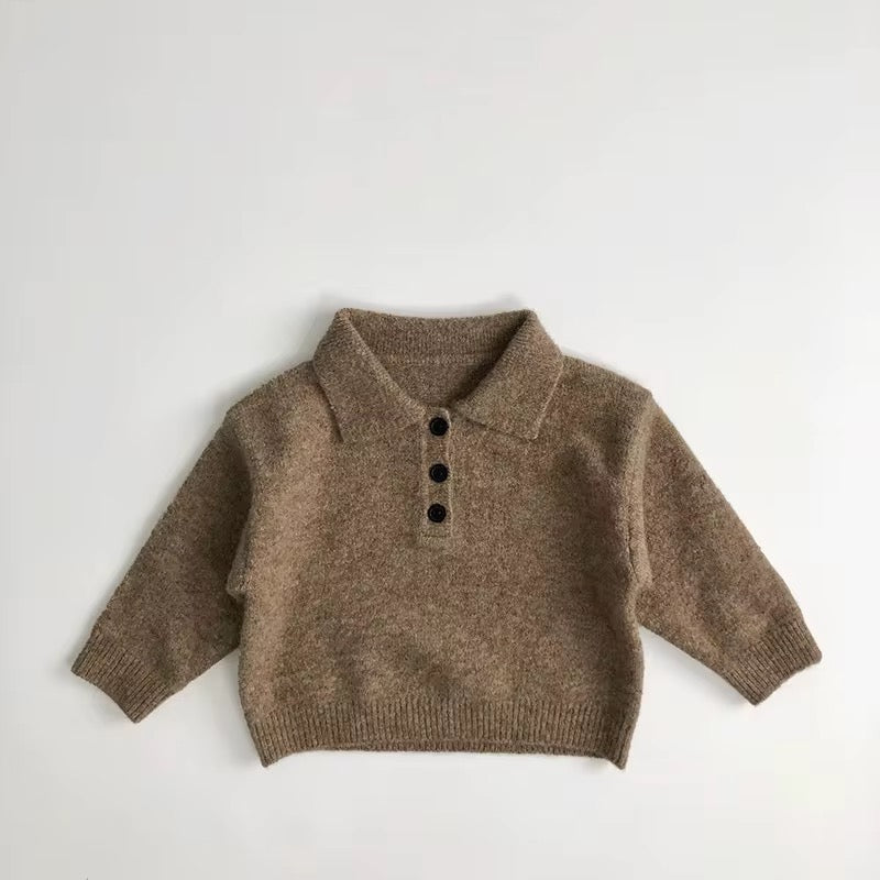 Tan toddler knit sweater with polo collar and 3-button placket, long sleeves