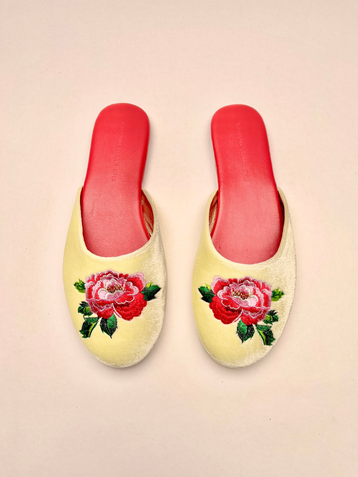 Lemon velvet mule slippers with peony embroidery and red lining, slip-on backless