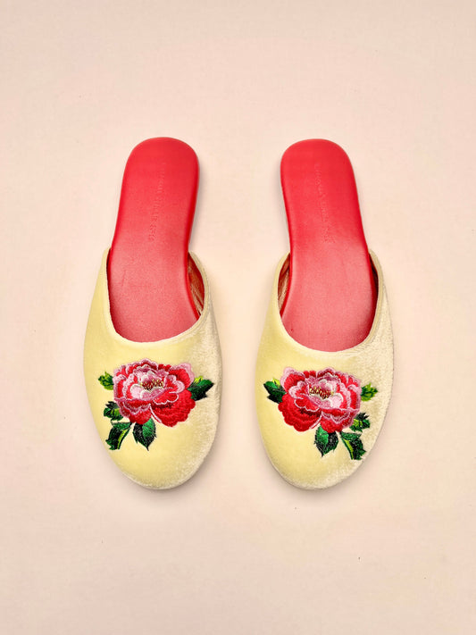Lemon velvet mule slippers with peony embroidery and red lining, slip-on backless