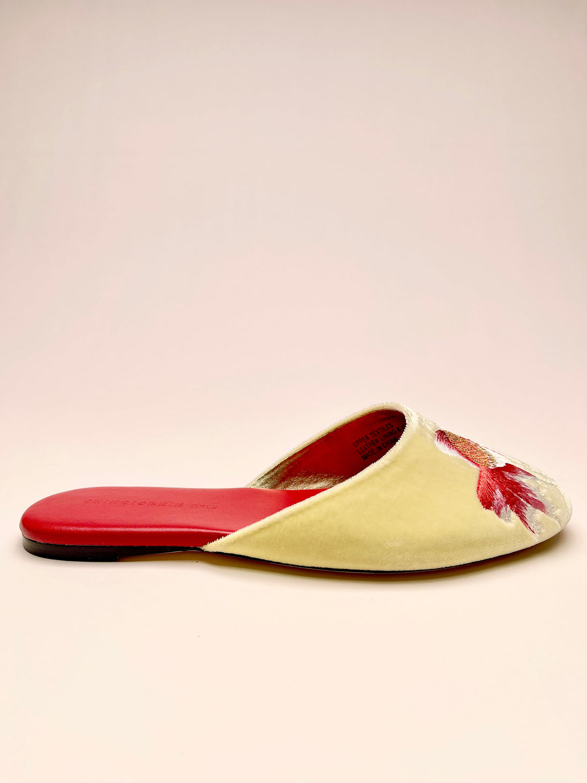 Lemon velvet mules with red slip-on back and goldfish embroidery