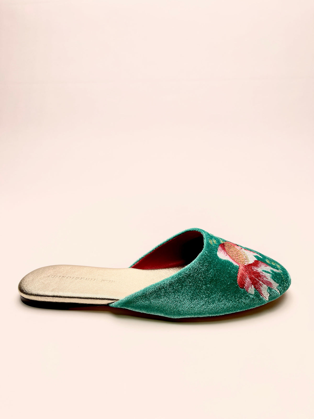 Jade velvet mule slipper, side view with goldfish embroidery and open back