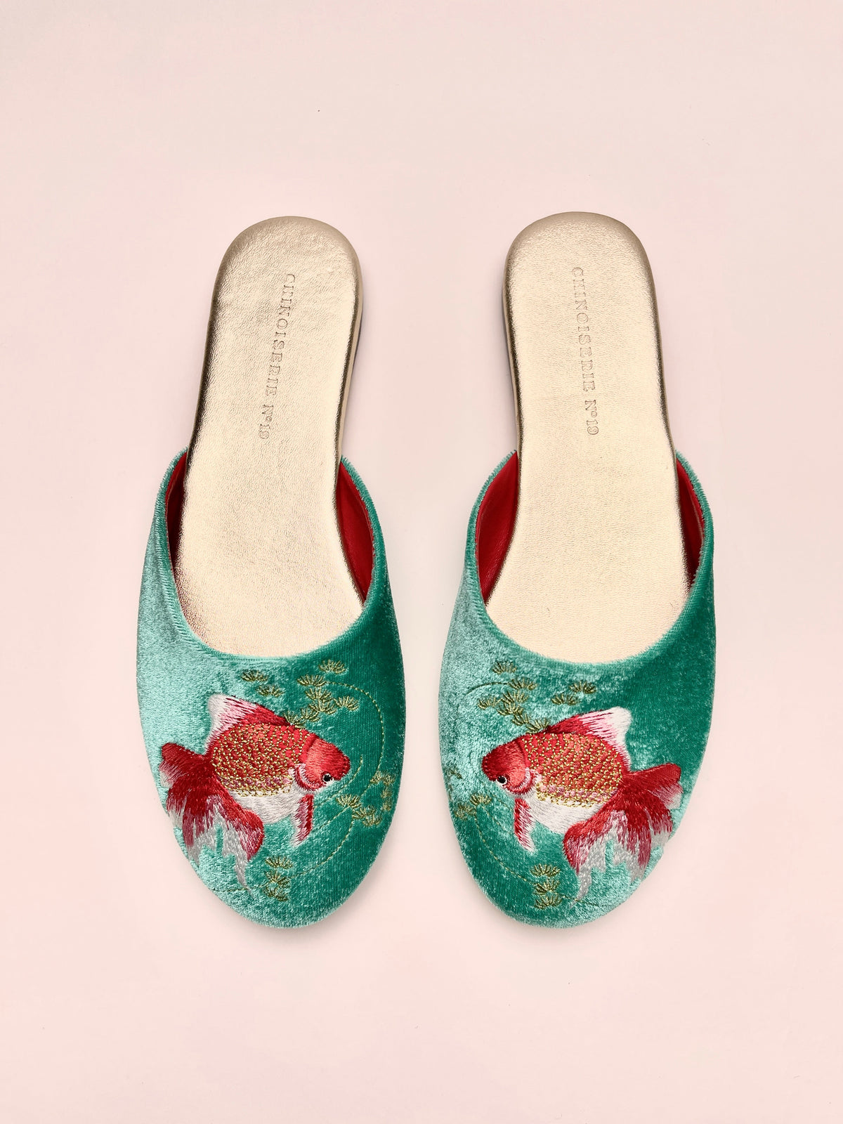 Jade velvet mules with goldfish embroidery, slip-on design and red-green lining