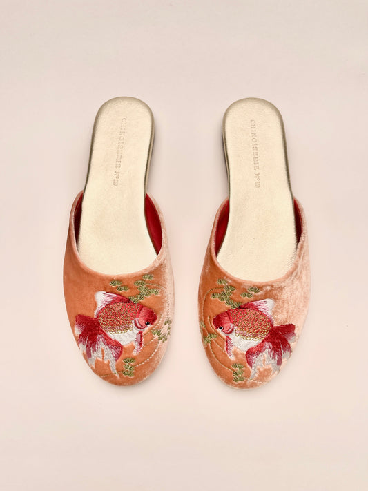 Peach velvet mule slippers with goldfish embroidery, cushioned insole, slip-on style